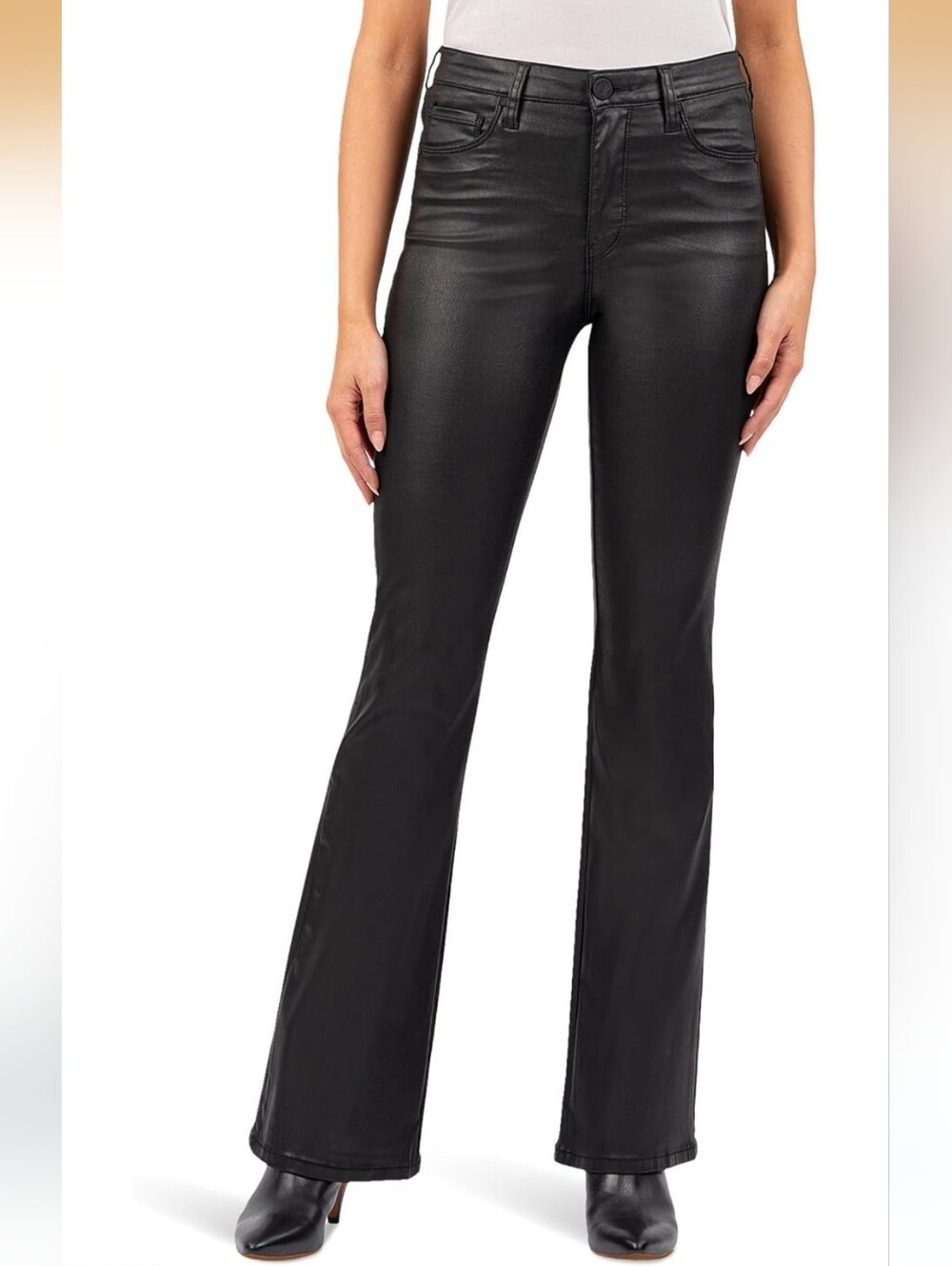 Kut from the Kloth Black Faux Leather Coated High Rise Flare Jeans Size 10